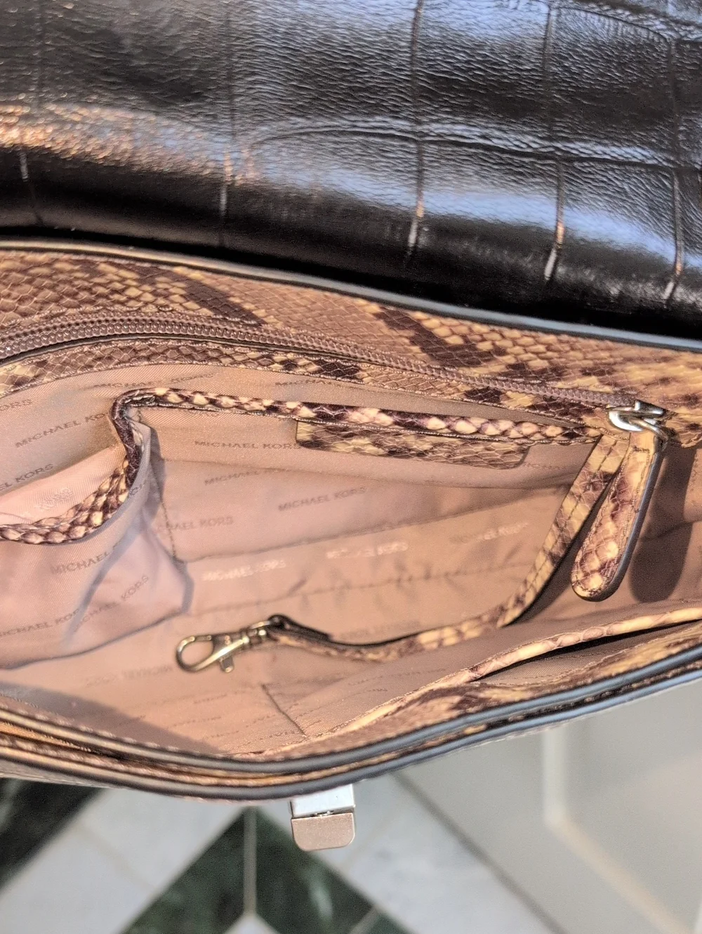 Michael Kors Black Croc Embossed Leather Flap Shoulder Bag with Snake-Print Body